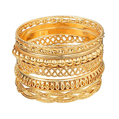 COLORFUL BLING 5-12Pcs Boho Indian Bangles for Women Twisted Chunky Stackable Cuff Bangle Statement Jewelry Handcuffs Wedding Layered Cable Smooth Bracelets Set - color: 7pcs gold