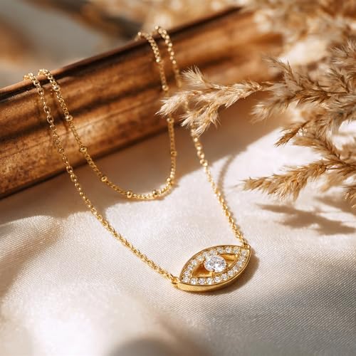 MEVECCO Dainty Pendant Layered Necklaces for Women | 18K Gold Plated Brass, 2-Piece Set With A Choker-Length Upper Layer, Wear Together Or Separately, Refined Everyday Style - style: layer evil eye