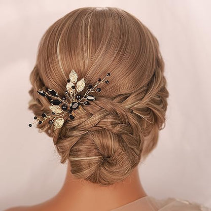 Kercisbeauty Dainty Black Rhinestones Beads Gold Leaf Hair Comb for Women Girls Wedding Bridal Hair Piece Jewelry