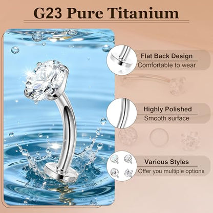 14G G23 Pure Titanium Floating Belly Button Ring for Women Flat Back Petite Belly Navel Ring Hypoallergenic Internally Threaded Navel Ring with Opal CZ Replacement Ball Belly Piercings Jewelry 6-16MM - color: Silver, size: Bar Length 16mm-Longest