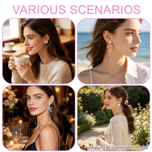6 Pcs Pink Bow Earrings for Women, Light Pink Bow Earring Set | with Flowers Pearl Tassel Designs, Ribbon Stud Dangle Earrings Jewelry Collection