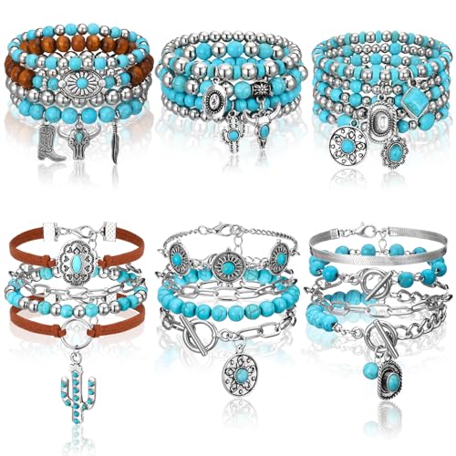 6 Pcs Turquoise Bracelet for Women Leather Bracelet Western Jewelry for Women Multilayer Boho Cuff Bangle Set - style: Elegant