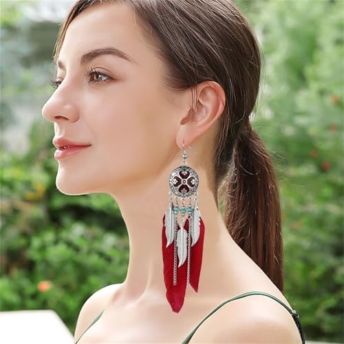 Dreuyet Boho Long Feather Drop Dangle Earrings for Women Retro Bohemian Ethnic Fringe Multicolor Tassel Feather Earring Handmade Statement Dream Catcher Earrings Jewelry - color: Red Round Heart