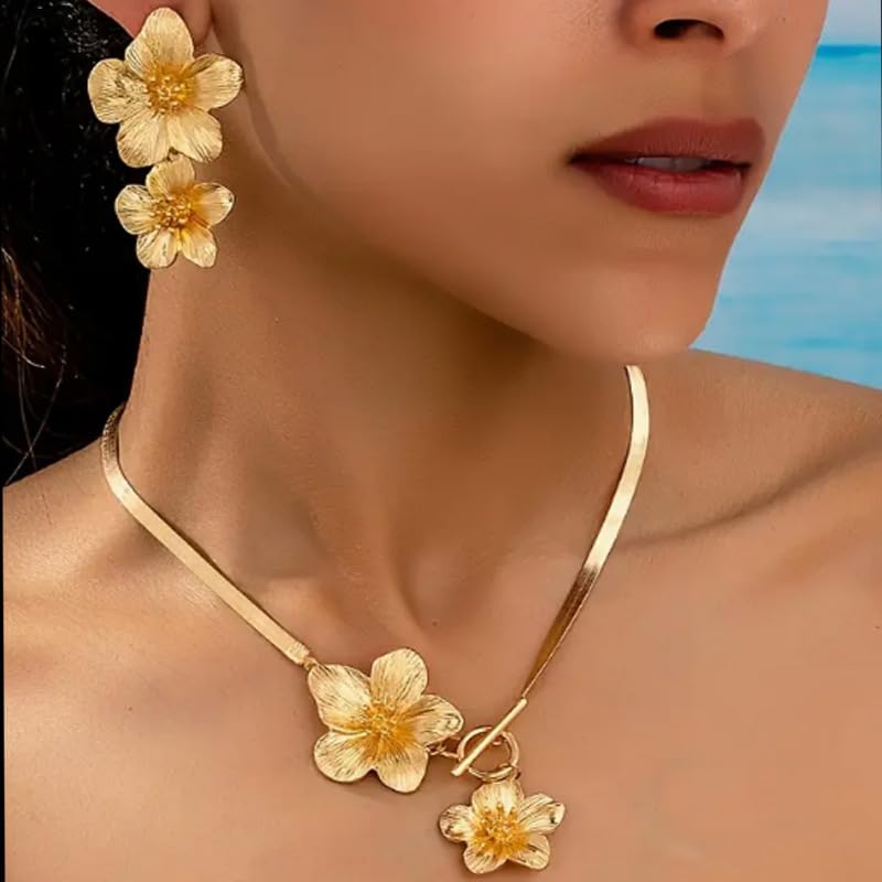 Colorful Flower Necklace Earrings Set for Women Gold Snake Chain Toggle Clasp Pendant Necklaces Dainty Double Flowers Statement Earrings Bridal Wedding Summer Beach Jewelry for Women - color: Gold