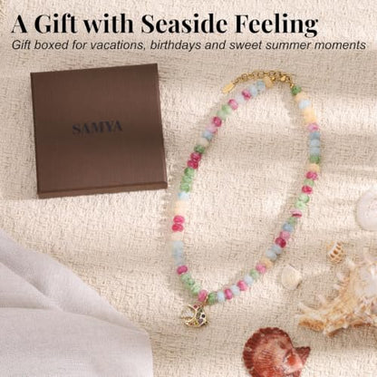 SAMYA Gemstone Beaded Necklace for Women | Ocean Charm Necklace with 8x4mm Natural Dyed Jade Beads, Adjustable 16"+2" Beach Necklace for Women - color: Mixed Color