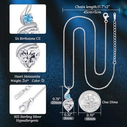 ANDSO Heart Moissanite Necklaces Birthday Jewelry Gifts for Women | S925 Silver /Gold Plating Birthstone Necklace, Ideal Anniversary Christmas Valentine Present for Mom Wife Her Girlfriend - style: Silver-2 Carat- Aquamarine Light Blue