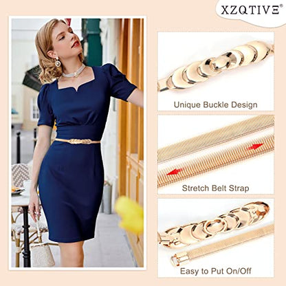 XZQTIVE 2 Pieces Women Skinny Metal Chain Waist Belt Stretchy Saree Cinch Belt for Dress Gold Sliver - color: 04 Smooth/Six-gold, size: Fit waist 34-37 in
