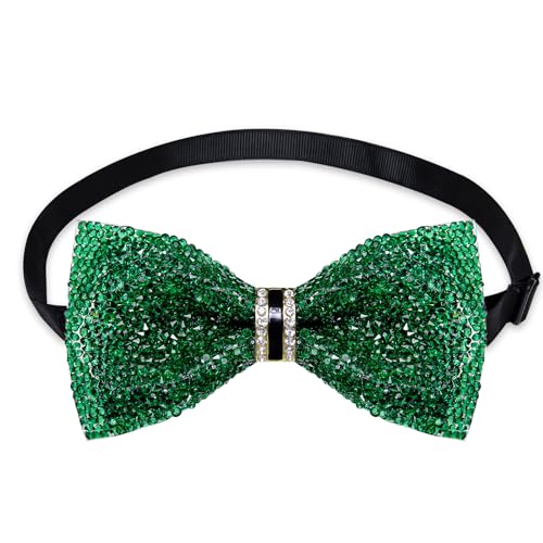 DiBanGu Mens Rhinestone Bow Tie with Ring and Lapel Pin Set | Adjustable Strap,Pre-tied Style,3PCS,Sequin Diamond Bowties，Solid/Mix Color,Shiny Accessory,for Party Prom Banquet Wedding - color: Emerald Green