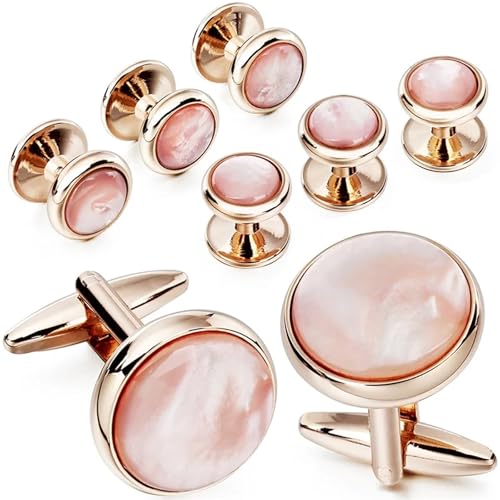 Elegant Mother-of-Pearl Cufflink & Stud Set for Men - Trendy Round Design for Weddings, Parties, and Ceremonies - color: Pink
