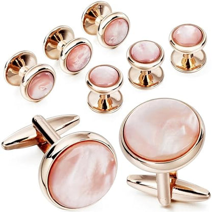 Elegant Mother-of-Pearl Cufflink & Stud Set for Men - Trendy Round Design for Weddings, Parties, and Ceremonies - color: Pink
