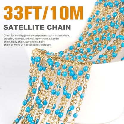 33FT 2mm Gold Cable Chains Light Blue Enamel Chains Bulk for Jewelry Making | 18K Gold PVD Plated Stainless Steel Enamel Beaded Chains Roll for Necklace Bracelet - color: Gold Light Blue Beads