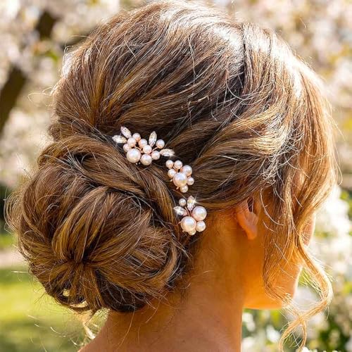 Heread Pearl Bride Wedding Hair Pins Crystal Bridal Headpiece Hair Accessories for Women and Girls (Pack of 3) - color: Rose Gold