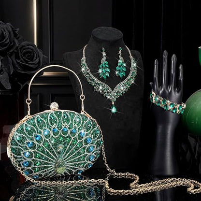 Quelay 4 Pcs Purse Rhinestone Jewelry Set Women | Wedding Bridal Prom Jewelry Sparkly Clutch Handbag with Necklace Bracelet Dangle Earrings Shiny Costume Kit - color: Green, style: Luxurious