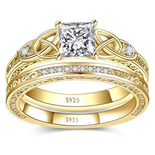Yaresul Vintage Celtic Knot Women's Engagement Ring Sets Size 5-9 | 925 Sterling Silver/14K Gold Plated Stackable Wedding Bands Rings Cubic Zirconia Women Bridal Sets Wedding Ring Band - color: D-14K Gold-Princess Cut Sets