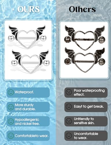 JOERICA 6 Pairs 14G Nipple Rings for Women 316L Stainless Steel Heart Butterfly Moon CZ Flower Barbell Nipple Rings Set Cute Nipplerings Piercing Jewelry - color: Black Tone