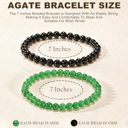2PCS Agate Bracelet for Women Men Natural Round Beaded Agates Stone Healing Stretch Bracelets Elastic Handmade Polished Gemstone Beads Bracelet - color: Black+Green, size: 6mm Beads