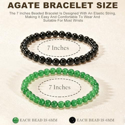 2PCS Agate Bracelet for Women Men Natural Round Beaded Agates Stone Healing Stretch Bracelets Elastic Handmade Polished Gemstone Beads Bracelet - color: Black+Green, size: 6mm Beads