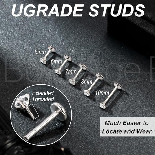 20G Internal Thread Cartilage Earrings Studs Surgical Steel Nose Rings Stud | Flat Back Stud Piercing Jewelry for Tragus/Helix/Conch/Medusa/Lip/Labret - color: BL:8mm;CZ:4mm