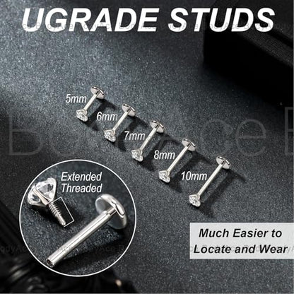 20G Internal Thread Cartilage Earrings Studs Surgical Steel Nose Rings Stud | Flat Back Stud Piercing Jewelry for Tragus/Helix/Conch/Medusa/Lip/Labret - color: BL:7mm;CZ:2.5mm