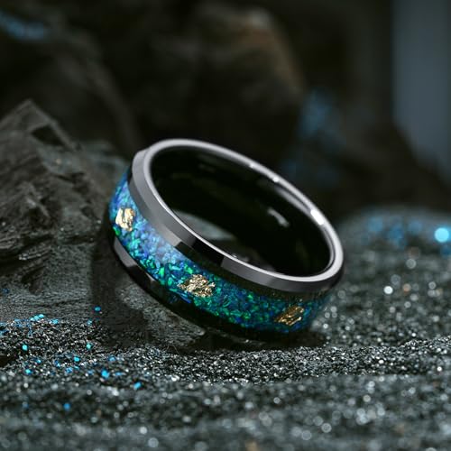 King Will Mens Wedding Band with Foils Inlay, Black/Silver/Gold | Black, 6mm/8mm, Beveled Edge, Comfort Fit, Glowstone Ring, Everyday Wear - color: Black&Bluegreen Opal+Gold-8mm