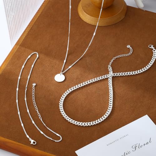 Layered Gold Silver Necklaces for Women, Stackable Stack 14K Real Gold Plated Silver Chain Necklace Diamond Circle CZ Layering Pendant Necklaces Trendy Gold Jewelry Set Gifts - color: silver, style: 3PC-Coin