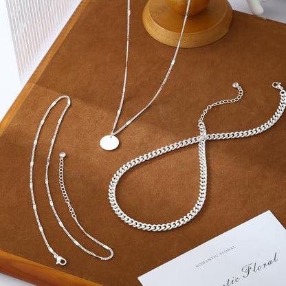 Layered Gold Silver Necklaces for Women, Stackable Stack 14K Real Gold Plated Silver Chain Necklace Diamond Circle CZ Layering Pendant Necklaces Trendy Gold Jewelry Set Gifts - color: silver, style: 3PC-Coin