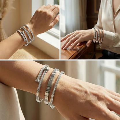 Camhanno Stackable Silver Bracelets for Women Stainless Steel Love & Friendship Bangle, Mothers Day Valentines Birthday Christmas Jewelry Gifts for Mom Her Wife Grandma - style: Style 15