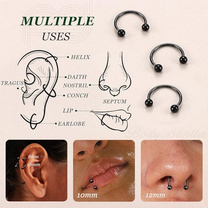 G23 Titanium 14/16/18/20G Septum Rings Horseshoe Nose Ring Jewelry | 2/3Pcs Circular Barbell Spike Lip Body Piercing Jewelry Conch Helix Tragus Earring Silver/Black 8/10/12mm 14K Gold Plated - color: Black-3pcs, size: Balls-3pcs-18g-10mm