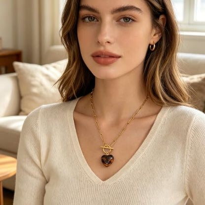 Teardrop CZ Pendant Paperclip Chain Necklace 18K Plated Paperclip Toggle Necklace Jewelry Birthstone Gift for Women - color: Tiger eye