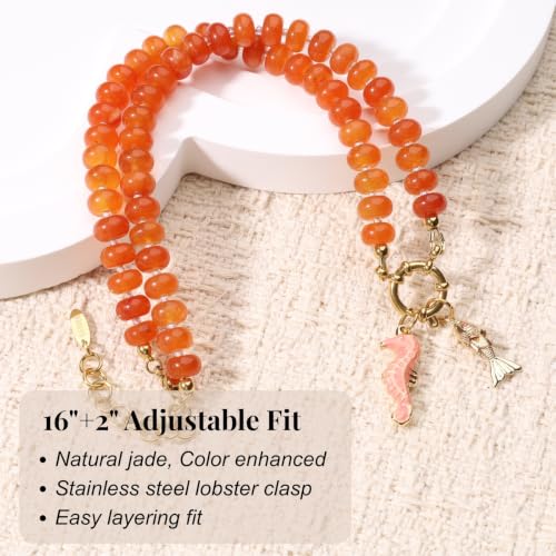 SAMYA Gemstone Beaded Necklace for Women | Ocean Charm Necklace with 8x4mm Natural Dyed Jade Beads, Adjustable 16"+2" Beach Necklace for Women - color: red jade