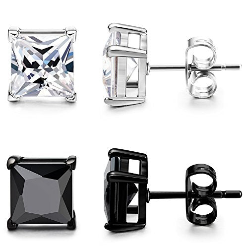 ORAZIO Black Silver Earrings for Men,Stainless Steel Cubic Zirconia Earrings 20G Mens Earrings Hypoallergenic CZ Earrings Studs Trendy Square Earring Studs Set 4-8MM - style: 2 Pairs,Cubic Zirconia Diameter:5mm