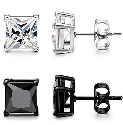 ORAZIO Black Silver Earrings for Men,Stainless Steel Cubic Zirconia Earrings 20G Mens Earrings Hypoallergenic CZ Earrings Studs Trendy Square Earring Studs Set 4-8MM - style: 2 Pairs,Cubic Zirconia Diameter:7mm