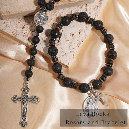 Rosary for Men Women, Natural Stone Beads with St. Benedict Bracelet | 8 mm Natural Stone Prayer Beads with 10 mm Accent Beads, St. Benedict Crucifix, Matching Bracelet, Gift Box and Pouch. - color: Lava Rocks