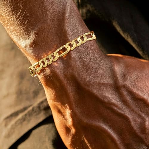 Gold Bracelets for Women & Men 14k Gold Figaro Chain Bracelet Trendy Gold Chain Dainty Chunky Charm Bracelet Statement Unisex Ewelry Gifts 6mm/8mm - size: 6mm