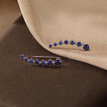 Reffeer Solid 925 Sterling Silver 7 Crystals Cuff Earrings Climber for Women Crawler Earrings Wraps - color: G-Blue CZ