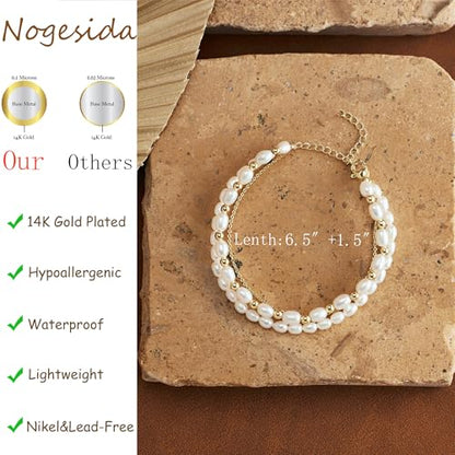 Pearl Bracelets for Women, 14k Gold Plated Dainty Beaded Bracelets Stack Link Chain Charm Bracelets Set Layered Tiny Jewelry for Women Christmas Gifts - style: GD-3