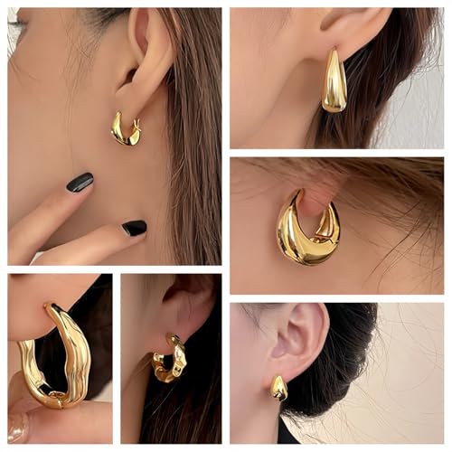 6 Pairs Gold Hoop Earrings Set for Women, 14K Gold Plated Huggie Chunky Earring Variety Pack, Hypoallergenic Thick Jewelry Gift - color: Gold Color
