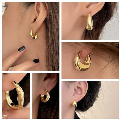 6 Pairs Gold Hoop Earrings Set for Women, 14K Gold Plated Huggie Chunky Earring Variety Pack, Hypoallergenic Thick Jewelry Gift - color: Gold Color