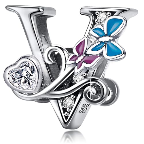 S925 Silver Butterfly Initial Letter Charms Fit for Pandora Charms Bracelets and Necklace Alphabet Bead Charms Jewelry Gifts for Women - color: V