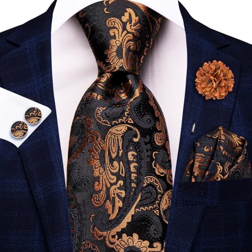 Hi-Tie Men's Silk Ties Formal Woven Classic Necktie Pocket Square Cufflinks Lapel Pin Set Wedding Business - color: Black and Copper