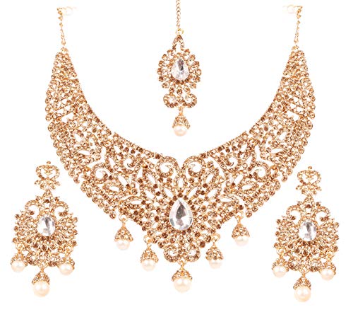 Touchstone Indian jewelry sets for women tikka wedding necklace costume guest statement bollywood rhinestones crystal faux pearls gold big royal neck piece set bridal fashion accessories - color: Gold