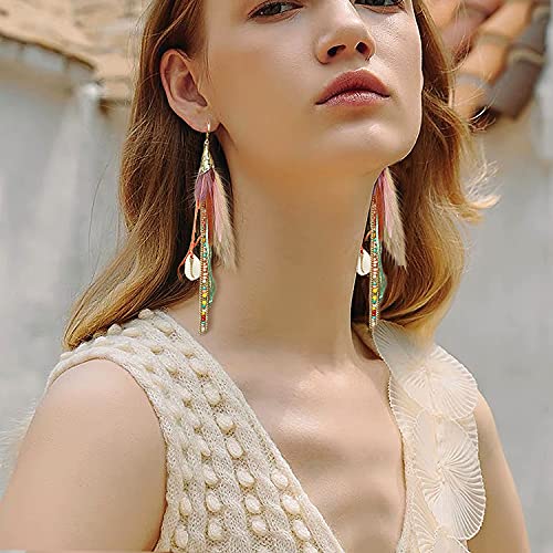 Bohemian Feather Dangle Earrings for Women with Shell Beads Long Tassel Design Drop Earrings - style: Style-Colorful