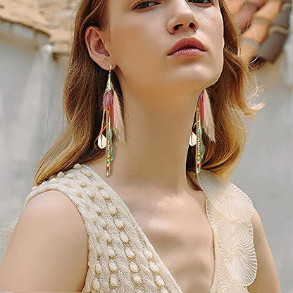 Bohemian Feather Dangle Earrings for Women with Shell Beads Long Tassel Design Drop Earrings - style: Style-Colorful