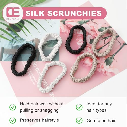 6Pcs Silk Hair Ties 100% Pure Mulberry Silk Scrunchies for Women Girls | No Hair Crease, Anti Frizz, Gentle Hold, No Damage, Color 07 - color: Black&White&Champagne