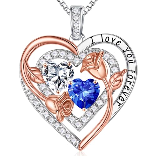 Iefil Heart Birthstone Necklace for Women - Double Birthstone Jewelry | 925 Sterling Silver, Gift Box Packaging, Anniversary Birthday Gifts for Women Wife Mom - color: 04-09-Apr-Sept Birthstone