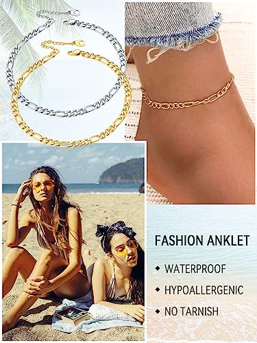 FaithHeart Waterproof Ankle Bracelets for Women, 1/2/3Pcs Non Tarnish Stainless Steel Layered Anklet Set Paperclip Figaro Cuban Link Chain Dainty Summer Beach Jewelry Gift Adjustable Size - style: g.Figaro - Silver