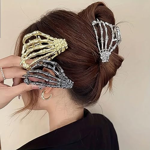 Metal Skull Hand Hair Clip, 1pcs Gold Hair Clip with Skull Design for Thin Hair, Punk Style Hair Accessory, Non-Slip Grip for Daily and Halloween Hairstyle - color: Gold