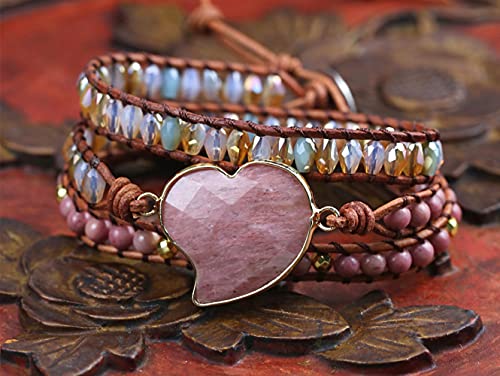 Women Wrap Bracelets Boho Natural Stone Jasper Turquoises Strand Bracelet Jewelry Collection - color: Rhodochrosite