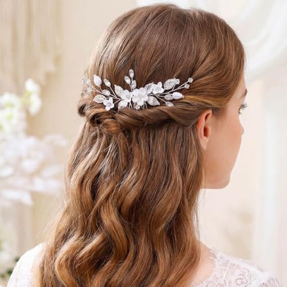 Bride Silver Wedding Hair Comb Flower Bridal Side Comb Sparkly Crystal Hair Piece Leaf Hair Accessorie for Women