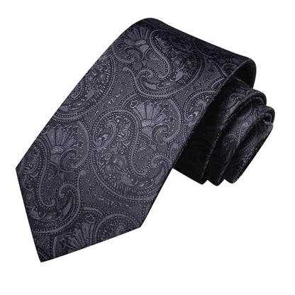 Hi-Tie Men 63inches Tie Set Extra Long Necktie Paisley Tie Pocket Suqare Cufflinks Big and Tall Men Tie - color: Black